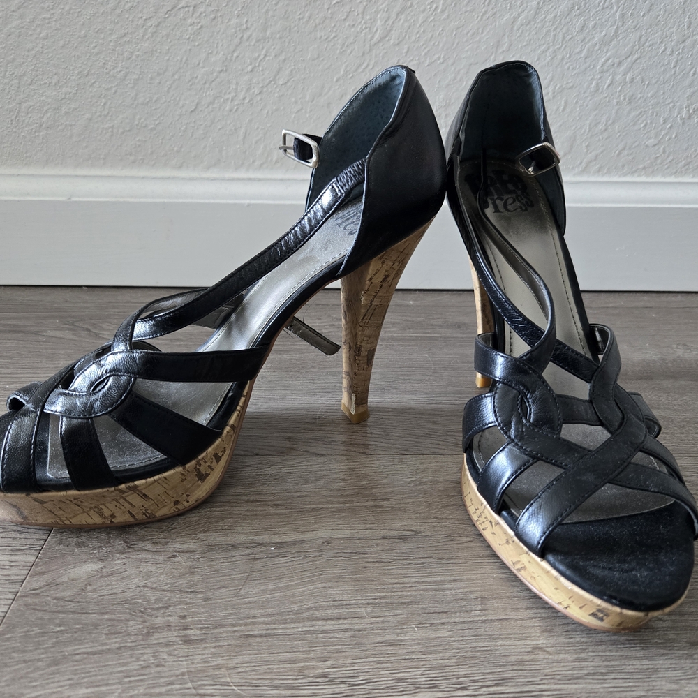 Free Press Black Strappy Cork Heels